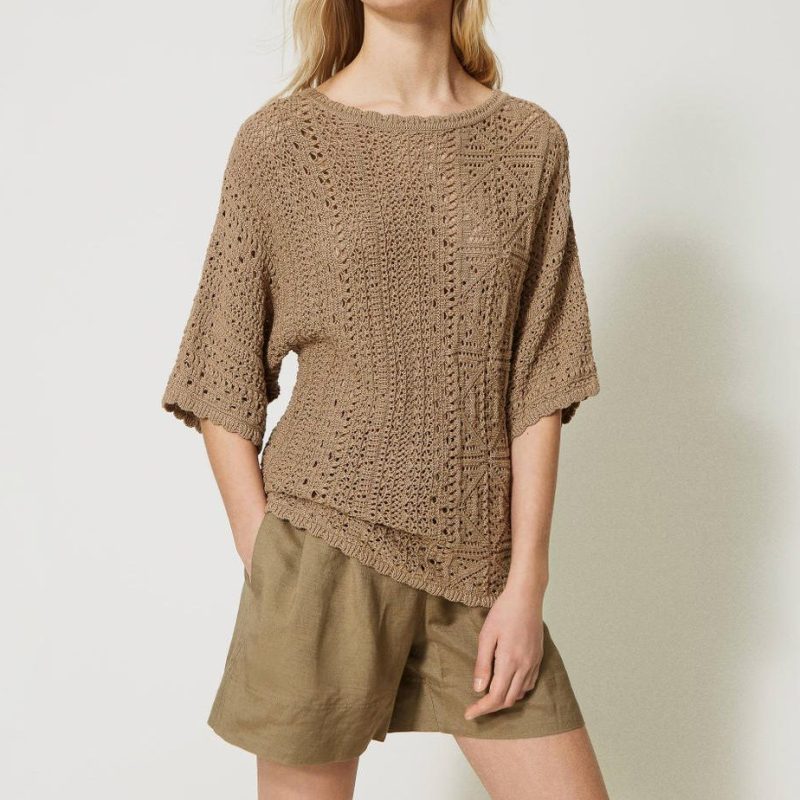 Maxi openwork jumper with scalloped edges