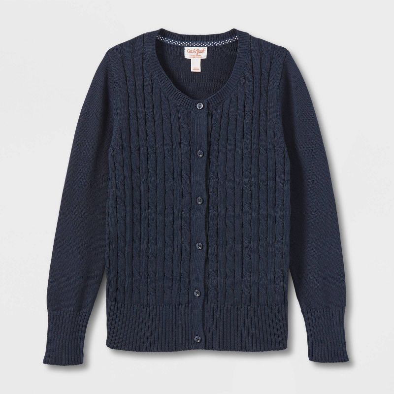 Girls’ Crew Neck Cable Uniform Cardigan Sweater